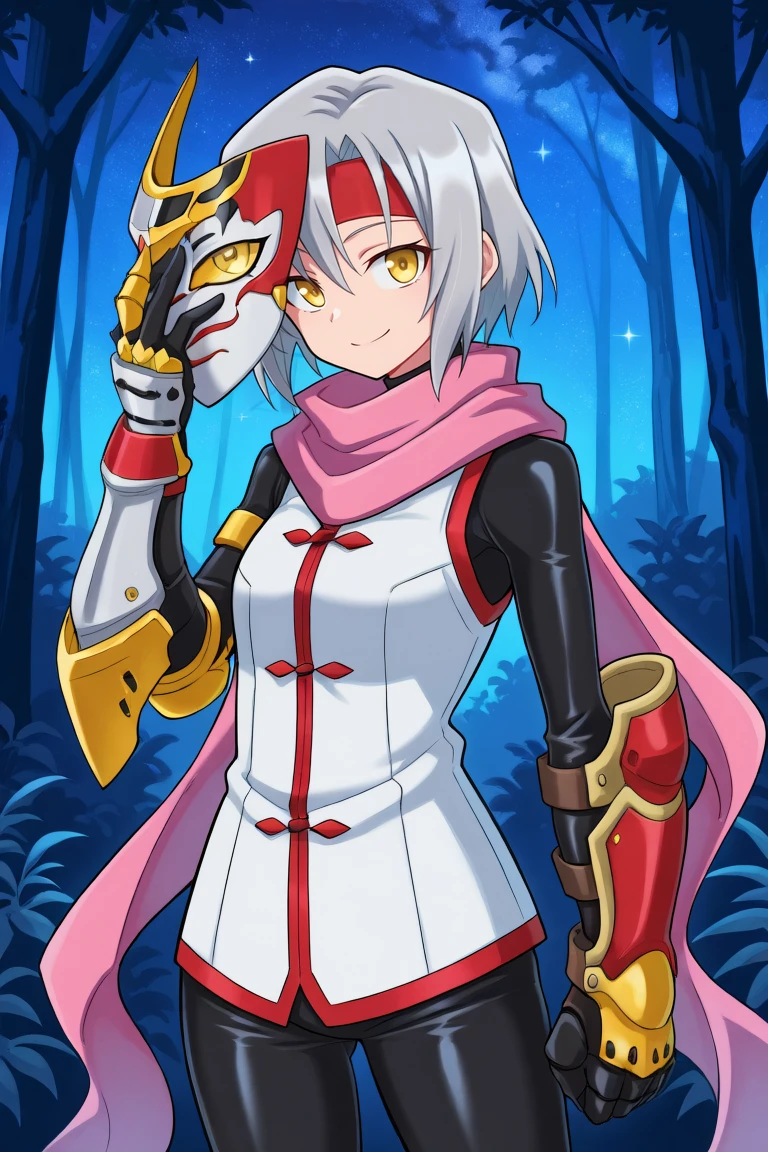 <lora:ZilvaIL:0.85> , zildef, 1girl, short hair, grey hair, yellow eyes, red headband, scarf, pink scarf, white sweater vest, white shirt, bodysuit, black bodysuit, bodysuit under clothes, single gauntlet, black gloves, sheathed, holding mask, armored gauntlet, cowboy shot, looking at viewer, smile, night, stars, forest, plants, detailed background, , solo, masterpiece, best quality, amazing quality, very aesthetic, high resolution,