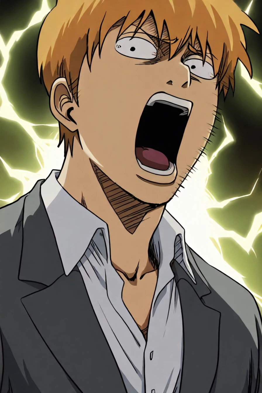 reigen arataka, reigen (mob psycho 100), white shirt, formal, collared shirt, jacket, 1boy, solo, alone, <lora:gintama_funny_face_illustriousXL:1>, gintama_funny_face, open mouth, impact lines, lightning energy in the background, masterpiece, highres