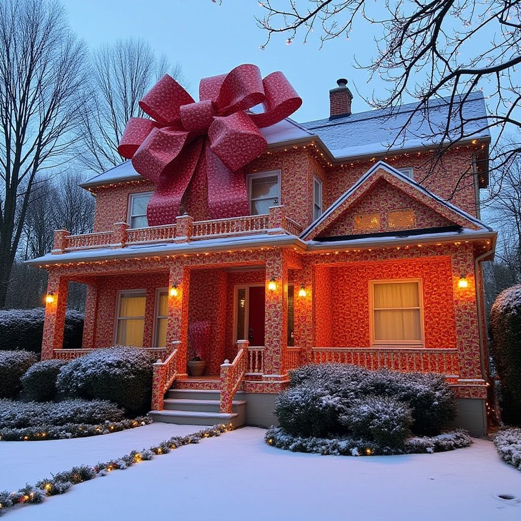 A charming house fully gift-wrapped in bright, festive paper with a giant ribbon and bow around it. The yard is adorned with holiday decorations, including twinkling lights, oversized ornaments, and a cheerful, snow-covered landscape.