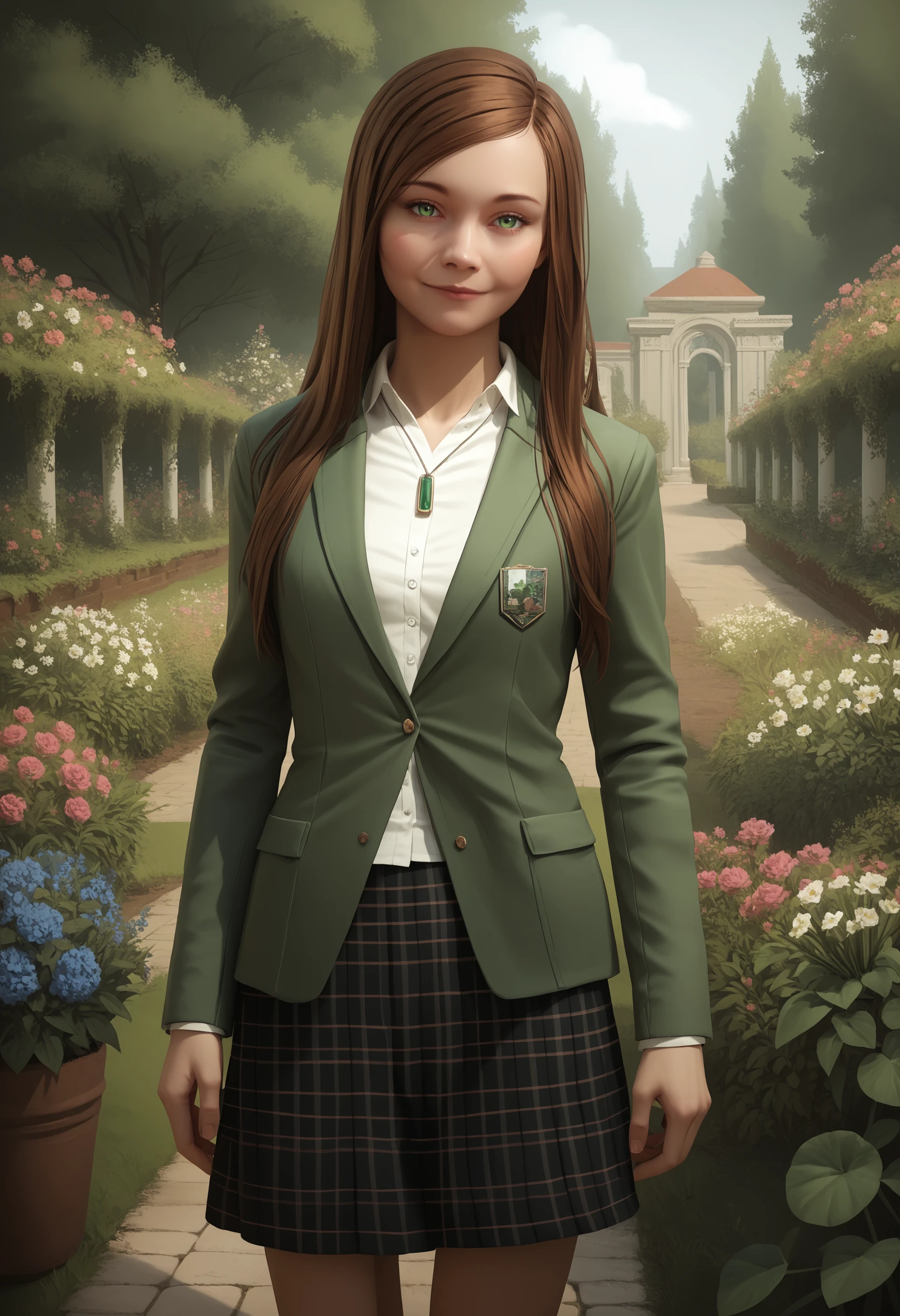 score_9, score_8_up, score_7_up, score_6_up, score_5_up, score_4_up,  <lora:VictoriaHitmanA:0.75> 1girl, solo, victoriaf, long hair, brown hair, green eyes, jacket, necklace, skirt, looking at viewer, smile, bedroom eyes, 
outdoors, garden, flowers,