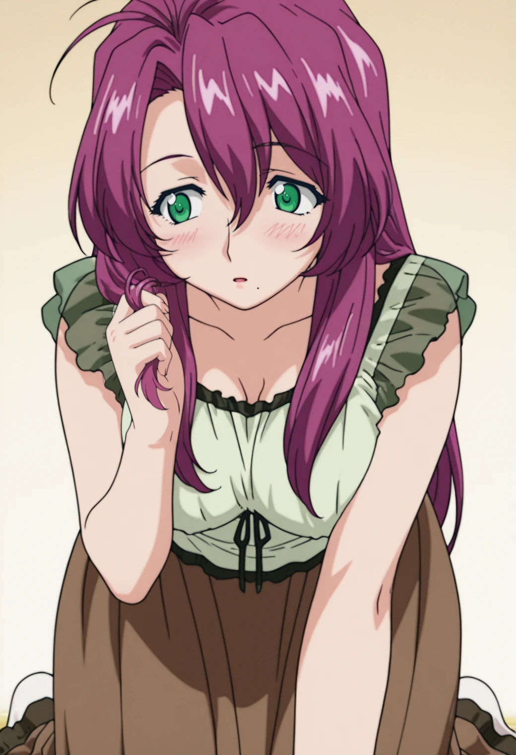 masterpiece, best quality, amazing quality, anime coloring, anime screencap, solo, 1girl,   <lora:DX888HatsuhoIL:1>kazami hatsuho, purple hair, green eyes, long hair, green shirt, sleevelees shirt, brown skirt, long skirt BREAK ( simple background:1.3),   white  background gradient background, BREAK all fours, twirling hair,