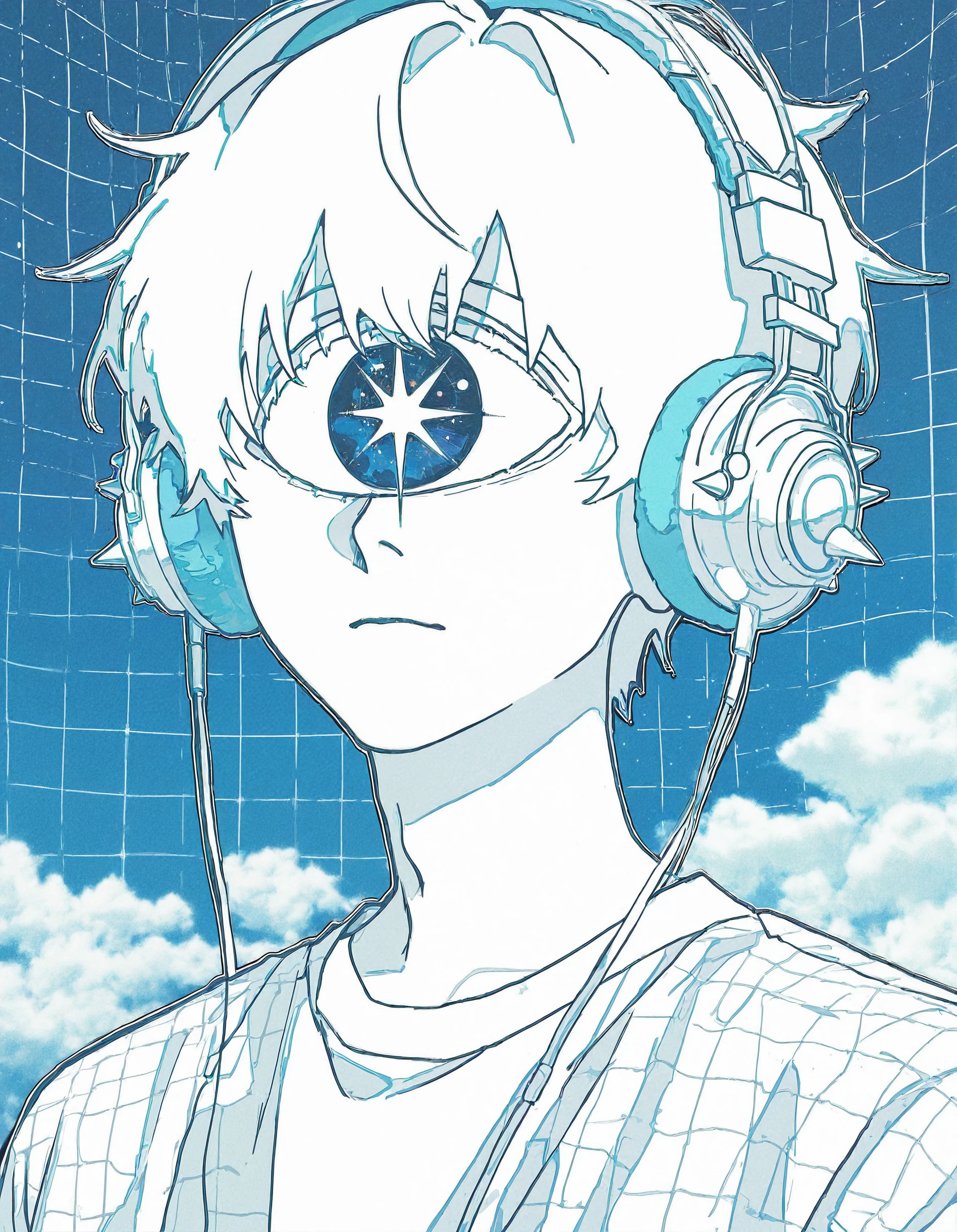 <lora:114558v4df2fsdf5:1>,15546+456868, spikes, headphones, 1boy, cloud, sky, one-eyed, male focus, day,blue background, white outline, thick outline, white theme,blurry,minimalism,star,film grain, big_grain,
grid,white 
grid