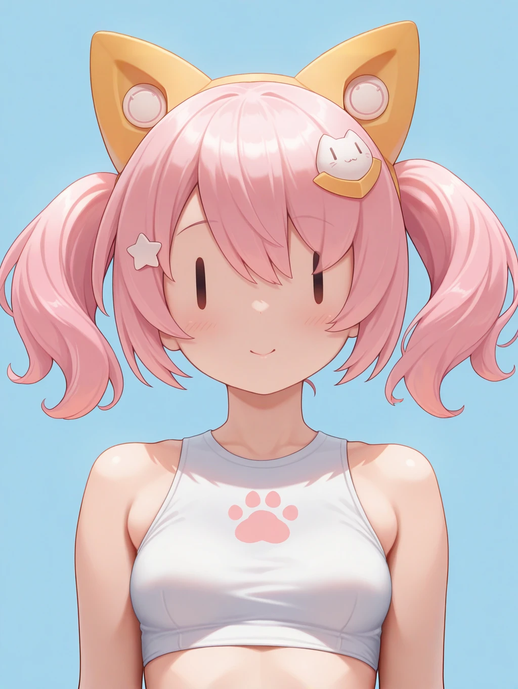 realistic,puni mofu,1girl,solo,blue background,upper body,simple background,looking at viewer,smile,blush,paw print,closed mouth,white crop top,mecha musume,| |,star hair ornament,facing viewer,bare arms,
masterpiece,best quality,amazing quality,very aesthetic,absurdres,newest,<lora:Puni Mofu illuXL v1:0.72>,