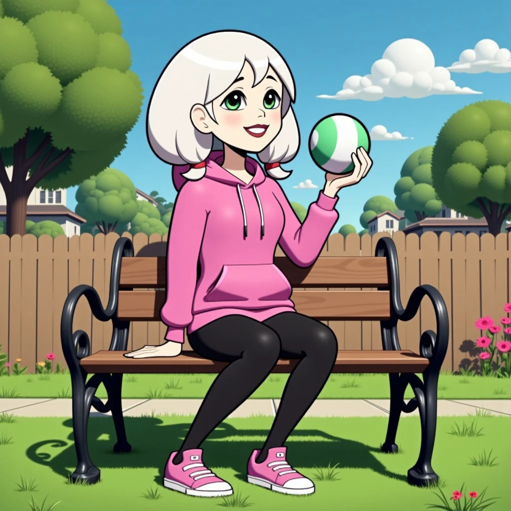 ch art style,a girl sits on a bench in the yard and holds a ball in her hand, she smiles sweetly, 1girl, white hair, low twintails, green eyes, pink hoodie, black pantyhose