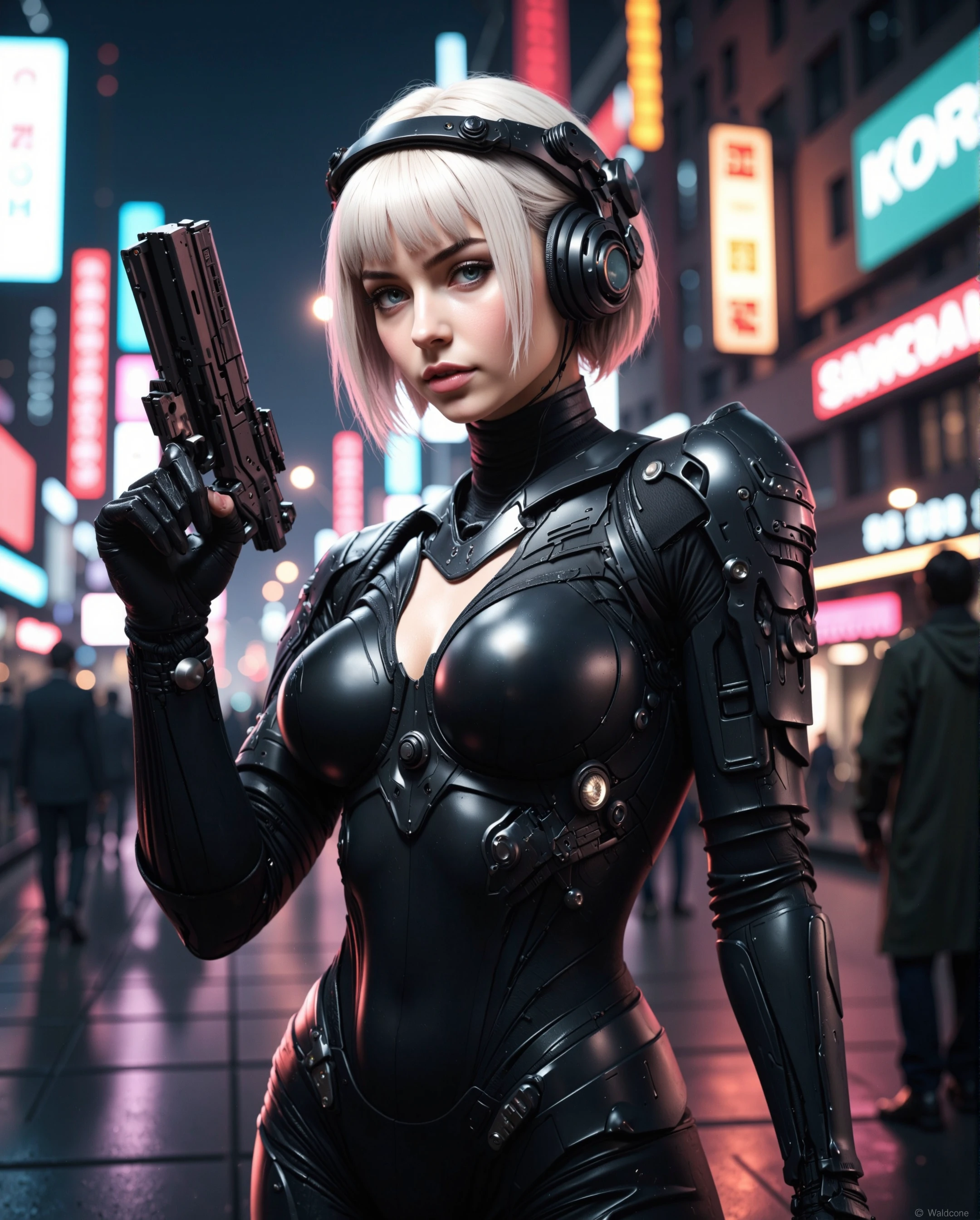 This is a highly detailed, digitally created image depicting a futuristic, cyberpunk-themed scene. The central figure is a woman with a striking appearance, featuring short, platinum blonde hair with blunt bangs. She has a pale complexion and striking blue eyes. Her head is adorned with a complex, black headpiece that integrates advanced technology, including what appears to be a communication system and possibly sensors.   She is dressed in a form-fitting, high-tech bodysuit that is predominantly black, with glossy, reflective surfaces that suggest a futuristic material. The bodysuit accentuates her ample breasts and slender physique. Her right hand is equipped with a advanced, futuristic gun, held in a ready position.   The background is a dimly lit, neon-lit street with a futuristic cityscape, featuring tall buildings with large, illuminated signs and a mix of warm and cool lighting. The street is populated with other futuristic characters, adding to the overall sci-fi ambiance. The image is rich in detail, capturing the essence of a technologically advanced, dystopian future.