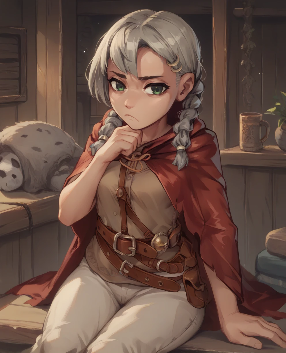 score_9,score_8_up,score_7_up,score_6_up,
Lonaxl,green eyes,grey hair,twin braids,short hair,
red cape,brown shirt,hair ornament,
looking at viewer,belt,sitting,bored,
inn,fantasy,indoors,
<lora:LonaXL:0.9>,