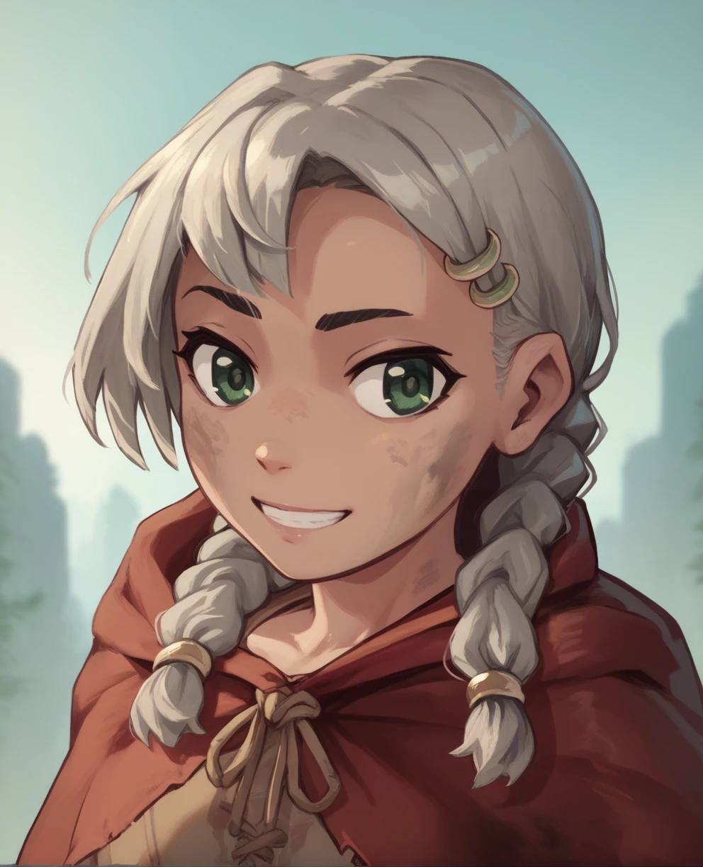 score_9,score_8_up,score_7_up,score_6_up,
Lonaxl,green eyes,grey hair,twin braids,short hair,
red cape,brown shirt,dirty clothes,hair ornament,
standing,upper body,smile,looking at viewer,   
inn,fantasy,<lora:LonaXL:0.9>,