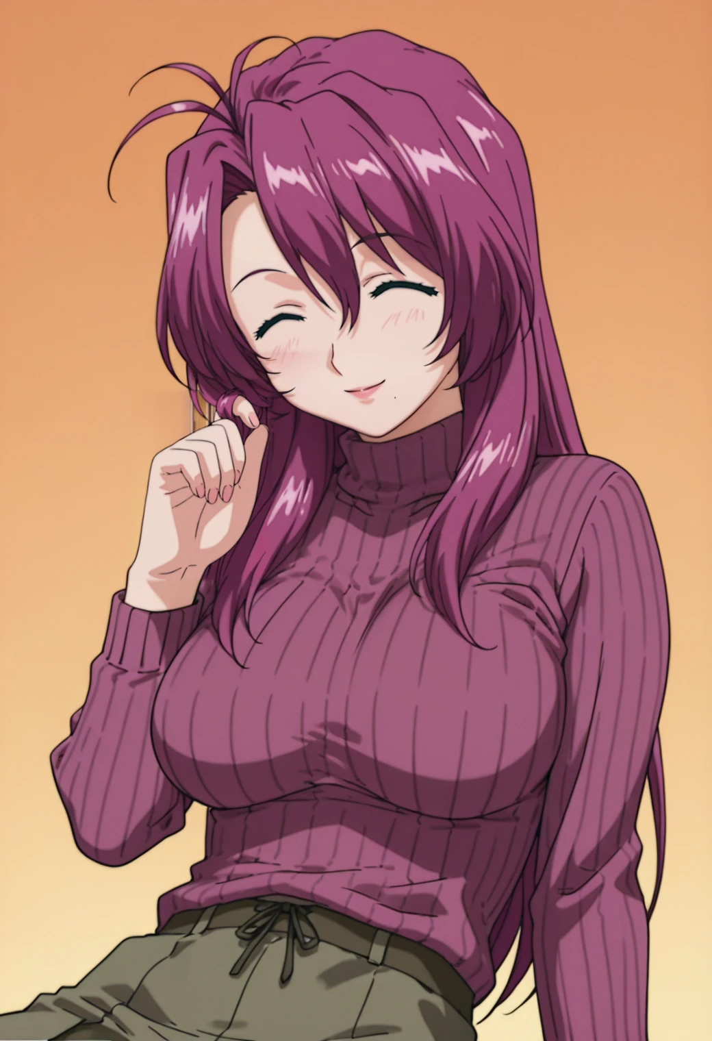 masterpiece, best quality, amazing quality, anime coloring, anime screencap, solo, 1girl,   <lora:DX888HatsuhoIL:1>kazami hatsuho, purple hair,^ ^, long hair, purple sweater, turtleneck sweater, sweater tucked in, striped sweater, , seductive smile,  BREAK ( simple background:1.3),   orange  background gradient background, BREAK reclining, twirling hair,