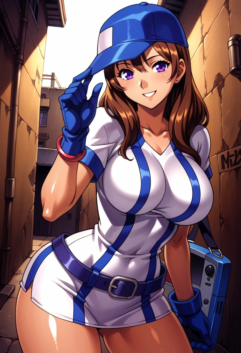 score_9, score_8_up, score_7_up,BREAK source_anime,Behind an alley,,,shiny_clothes,shiny_skin, fingers, detailed hands,alone,large breast,smile,masterpiece,mogudan,, perfect body, perfect face, perfect_eyes,perfect_hands,detailed hands,fingers,shiny_clothes,shiny_skin,best quality,amazing quality,very aesthetic,AiNeogeo,long hair,brown hair,purple eyes,jewelry,bracelet, blue baseball hat,baseball uniform,short dress,belt,,fingerles gloves,blue gloves,,hand on handheld game console,handheld game console