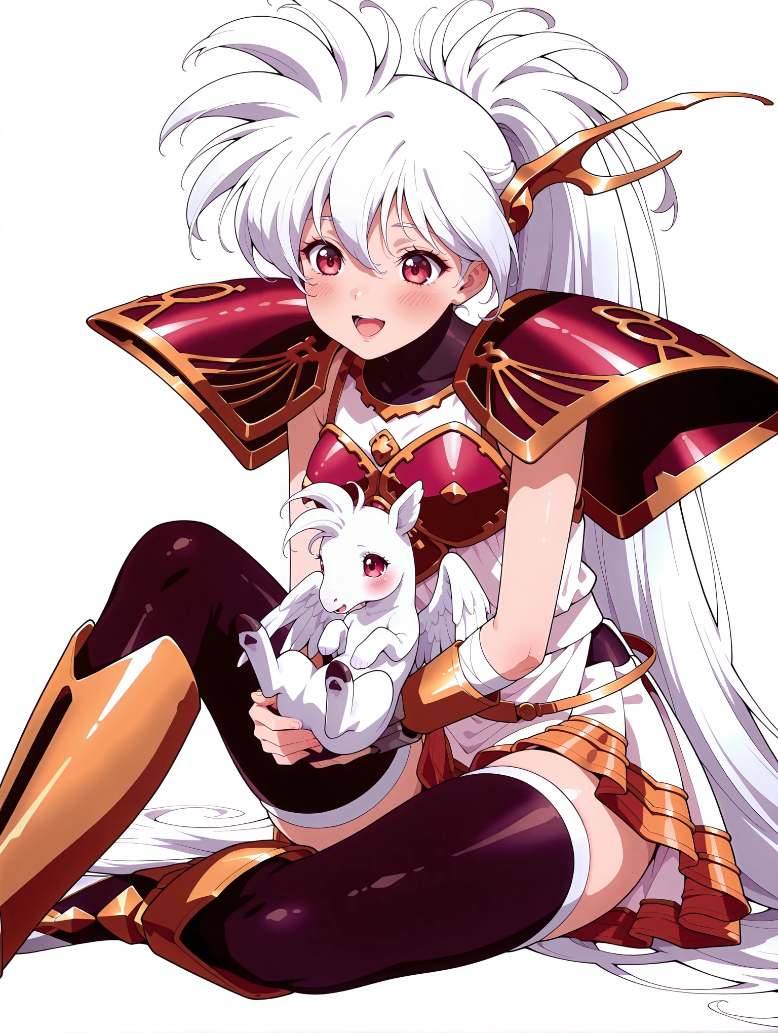 masterpiece,best quality,amazing quality,
1girl,solo,<lora:luna_ilxlv1:1>,Luna,white hair,red eyes,hair ornament,ponytail,l_clothes,shoulder armor,black thighhighs,miniskirt,knee boots,
<lora:Fixhands_anime_bdsqlsz_V1:1>,open mouth,smile,animal,:d,sitting,blush,simple background,white background,looking_at_animal,holding_animal,pegasus,