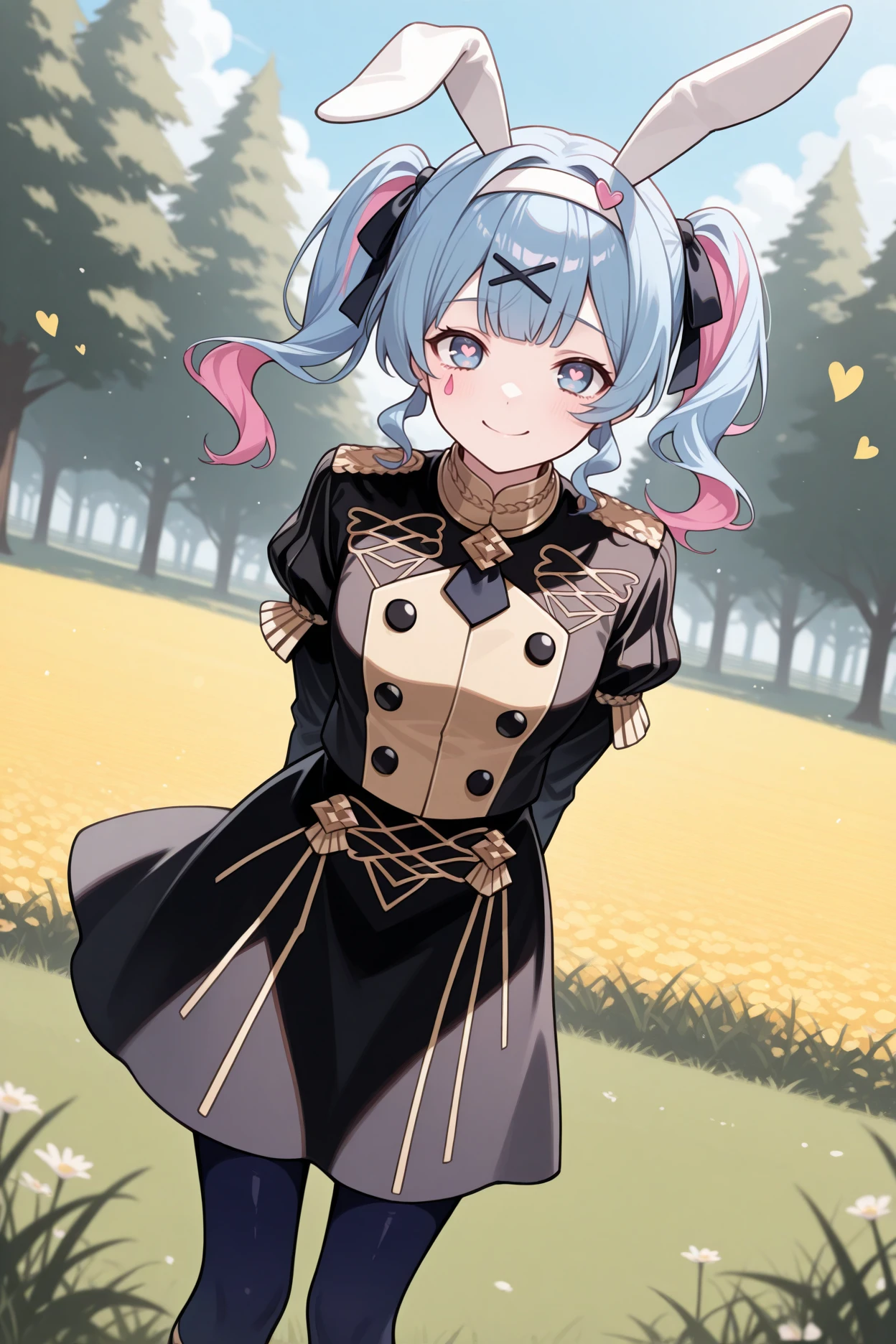 masterpiece, best quality, 1girl, solo, <lora:gmuniform1-illu-nvwls-v1:1> gmuniform1, black jacket, gold trim, puffy sleeves, black buttons, black skirt, blue pantyhose, <lora:vocaloid_rabbitholemiku_illustriousXL:1> rbthlmk, teardrop facial mark, multicolored hair, blue hair, pink hair, twintails, x hair ornament, hair ribbon, white hairband, blue eyes, heart-shaped pupils, field, trees, blue sky, looking at viewer, smile, fake rabbit ears