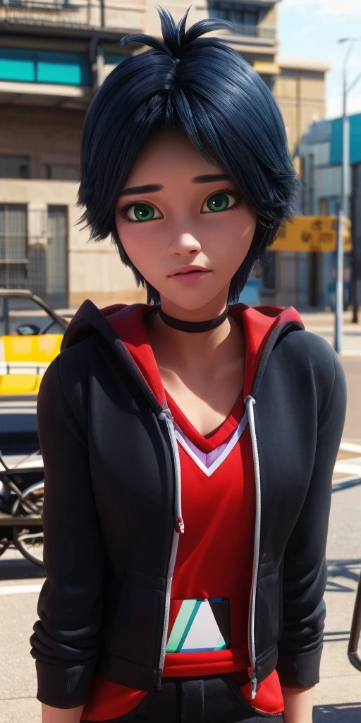 Hyperrealistic, photorealistic, super detailed, (1boy), (boy's chest), bright red hoodie, messy rock-style black hair with blues reflections, vivid green eyes, tan skin, body like in real life, large pores, thick eyebrows, slender face with a pointed chin, fairly tall, slender, unreal engine, octane render, droped shadow, bokeh, cinematic lighting, <lora:add_detail:0.5>, <lora:Volumetric_lighting:0.6>, Marc Anciel, <lora:3e4e5df5-a216-430d-82d8-1a8f0af9e99e:0.7>