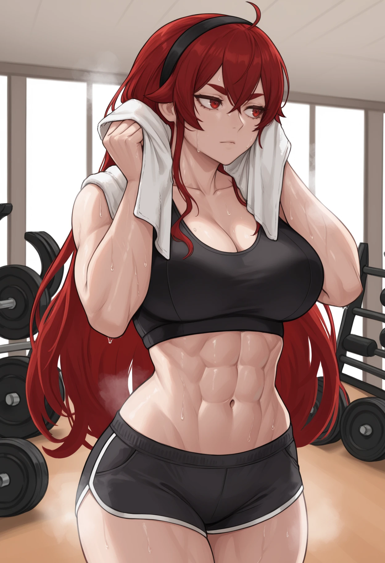 masterpiece, best quality, solo, 1girl, er1s, abs, sweat, steaming body, expressionless, looking to the side, standing, wiping sweat, long hair, red hair, hair between eyes, ahoge, crossed bangs, sidelocks, black hairband, red eyes, thick eyebrows, black sports bra, black shorts, dolphin shorts, micro shorts, towel around neck, large breasts, indoors, gym, weights
<segment:yolo-Anzhc Face seg 640 v2 y8n.pt,0.4,0.5//cid=1>