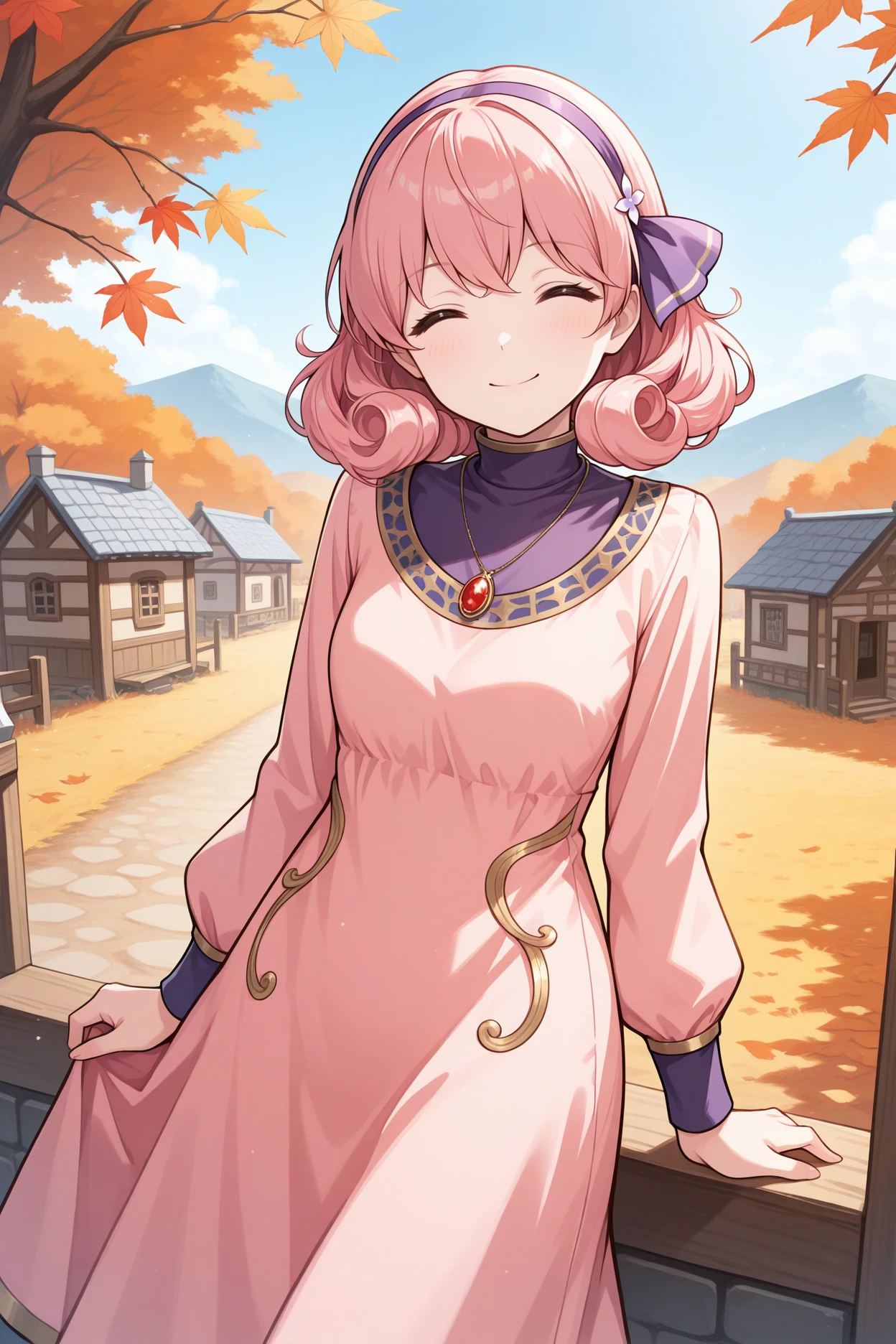 masterpiece, best quality, 1girl, solo,  <lora:fegenny-illu-nvwls-v1-000007:1> fegny, pink hair, curly hair, medium hair, brown eyes, purple hairband, turtleneck, pendant, pink dress, long dress, gold trim, long sleeves, autumn, village, looking at viewer, smile, closed eyes, happy, blue sky