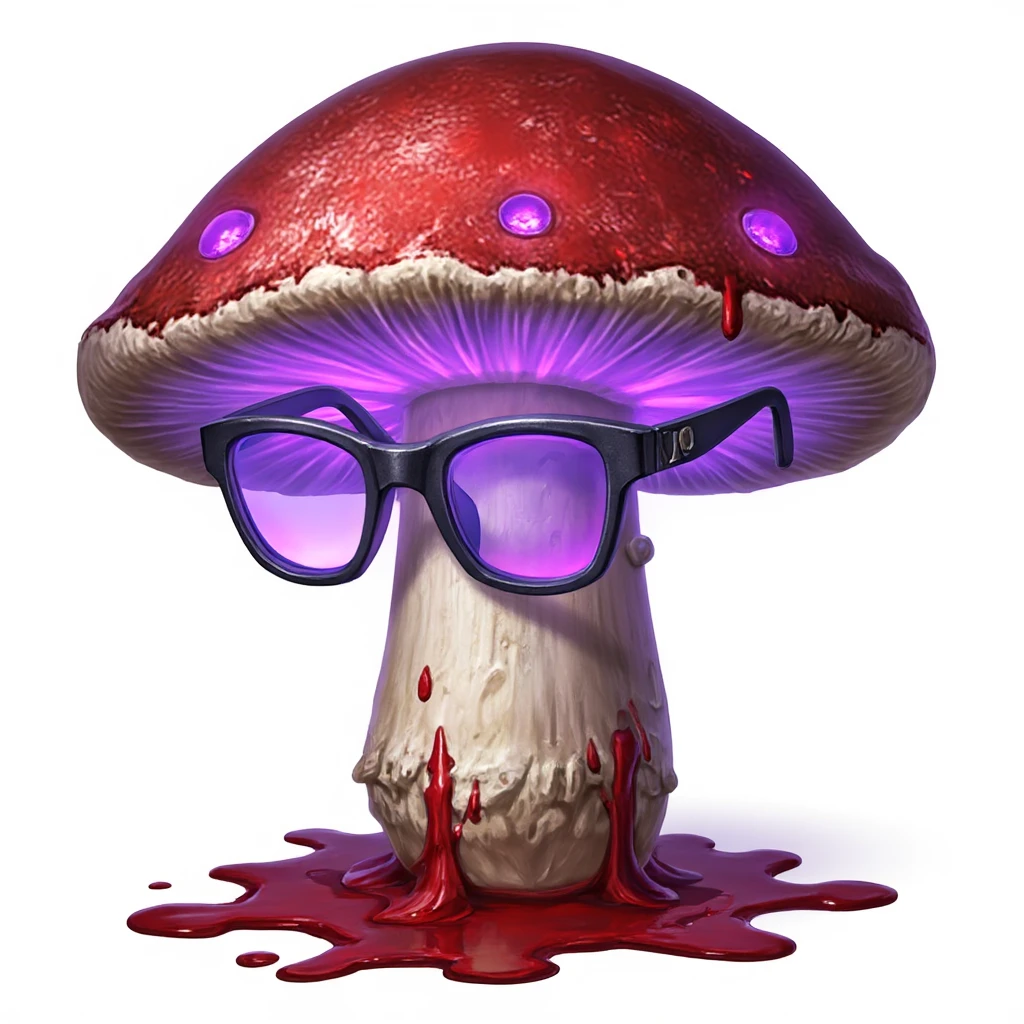 gmic_\(anheifeng\),A very magical mushroom, emitting purple light, glasses, and blood.,(( White background, simple background))),masterpiece,best quality,great quality,good quality