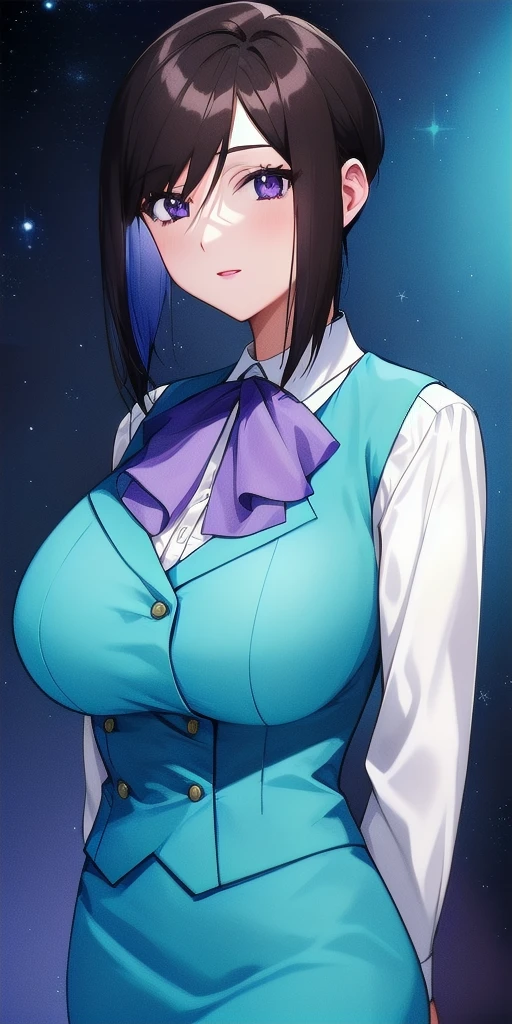 <lora:LinnaYamazakiV3:0.7> linna_yamazaki, huge_breasts, standing, solo, starry_sky, arms_behind_back, white_collared_shirt_purple_ascot_aqua_pencil_skirt_aqua_vest, masterpiece, best_quality, detailed_face, detailed_eyes, highres, beautiful, detailed, absurdres,