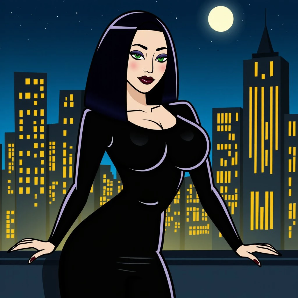 ch art style,woman posing against the backdrop of a night city, bright lights around, 1woman, black hair, green eyes, black dress,dark makeup