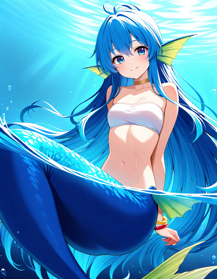 <lora:Pserilly_SDXL_Illustrious01_fp16_ver01:1>,Pserilly, blue hair, blue eyes, very long hair, head fins,bracelet,choker,bandeau,mermaid,partially underwater shot,smile, <lora:HairintakesEraser_v01_illustrious_10steps:2>, masterpiece, best quality, very aesthetic, absurdres,<lora:detailed_hands:1>,hand