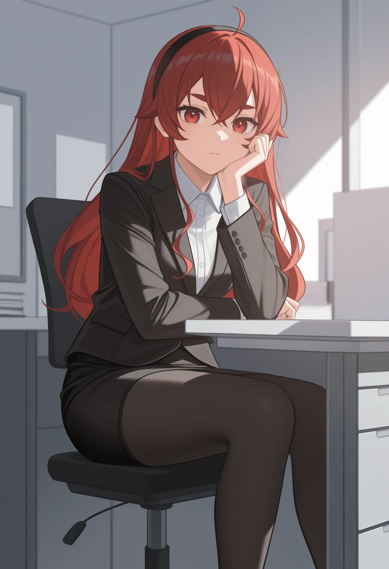 masterpiece, best quality, feet out of frame, solo, 1girl, er1s, expressionless, looking at viewer, sitting, office chair, head rest, long hair, red hair, hair between eyes, ahoge, crossed bangs, sidelocks, black hairband, red eyes, thick eyebrows, formal, skirt suit, black jacket, suit jacket, long sleeves, white shirt, collared shirt, black skirt, pencil skirt, black pantyhose, indoors, office, cubicle, table
<segment:yolo-face_yolov8m.pt,0.4,0.5//cid=1>