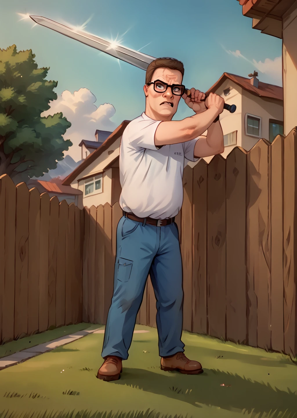 score_9, score_8_up, score_7_up, hank hill, outdoors, white shirt, glasses, solo, angry, looking at viewer, incoming vertical sword attack, full body,  <lora:Hank_Hill:1>   <lora:incoming_attack:0.8>