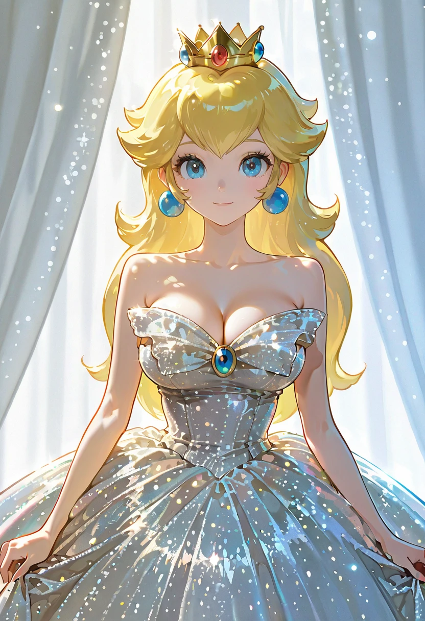 1girl,solo,looking at viewer,ikeda ruriko,glitter gown, cleavage, bare shoulders, strapless dress,princess peach,