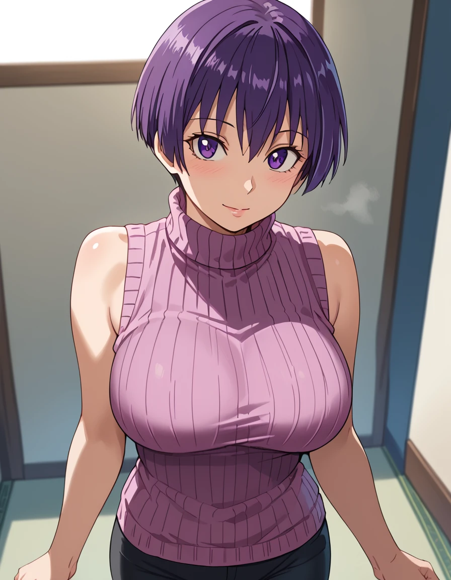 score_9, score_8_up, score_7_up, source_anime, anime screencap, anime coloring, masterpiece, best quality, uncensored, 1girl, solo, (cowboy shot:1.2), satomi manabe, short hair, large breasts, purple eyes, purple hair, breasts, ribbed sweater, sweater, turtleneck, sleeveless, leggings, pants, black pants, sandals, <lora:Manabe Satomi_Hajirai Body_Pony:0.9>, (lying, on back, folded from above, legs over head, spread legs:1.2), underwear,  (light smile), open mouth, tongue, tongue out, blush, looking at viewer,  sweat, sweatdrop, sweat on body, nervous sweating, indoor, cute face, shiny body, shiny skin,  (skindentation:1.2), clear skin, shiny hair, ultra detailed eyes, depth of field, sharp, (intricate details, hyperdetailed:1.15)