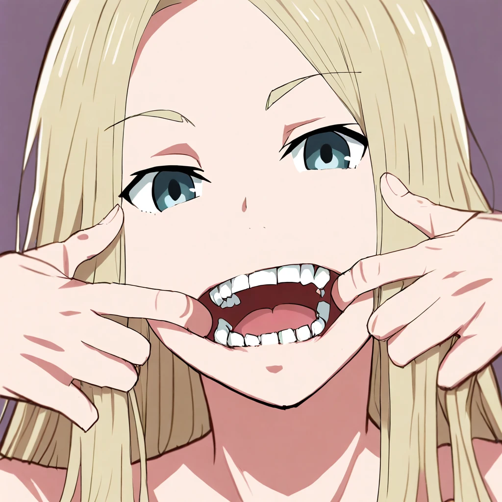 Score_9, score_8_up, score_7_up, f1shh0ok, 1girl, open mouth, blonde hair, mouth pull, teeth, long hair, looking at viewer, open mouth, spread mouth, mouth pull, fingers in mouth, solo