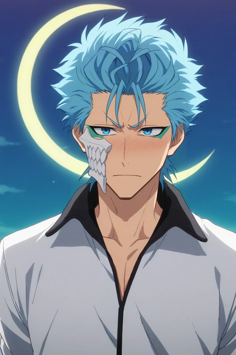 score_9, score_8_up, score_7_up, , rating_safe, intricate details, anime screencap, anime coloring, , , , 1boy, solo, male focus, <lora:grimmjow_jaegerjaquez_pony:0.9>, grimmjow_jaegerjaquez, blue hair, blue eyes, facial mark, arrancar, mask, short hair, straight-on, disneyland, night, crescent moon, arms behind back, embarrassed, nose blush, , <lora:sdxl_lightning_8step_lora:1>