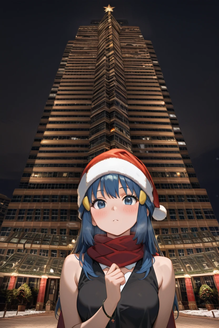 masterpiece, best quality, realistic,   zzNakatomi,  (upper body), zzDawn, blue hair, blue eyes, sidelocks, long hair, bare shoulders, black shirt, bracelet, hat, jewelry, kneehighs, red scarf, scarf, shirt,  sleeveless, sleeveless shirt,  <lora:DawnPokemonIXL_e07:0.7>,  1girl, solo, long hair, looking at viewer, blush,   photo background, mixed media,  (santa hat, Christmas trees, Christmas lights), snow, night,     ,<lora:NakatomiIXL:1.0>,