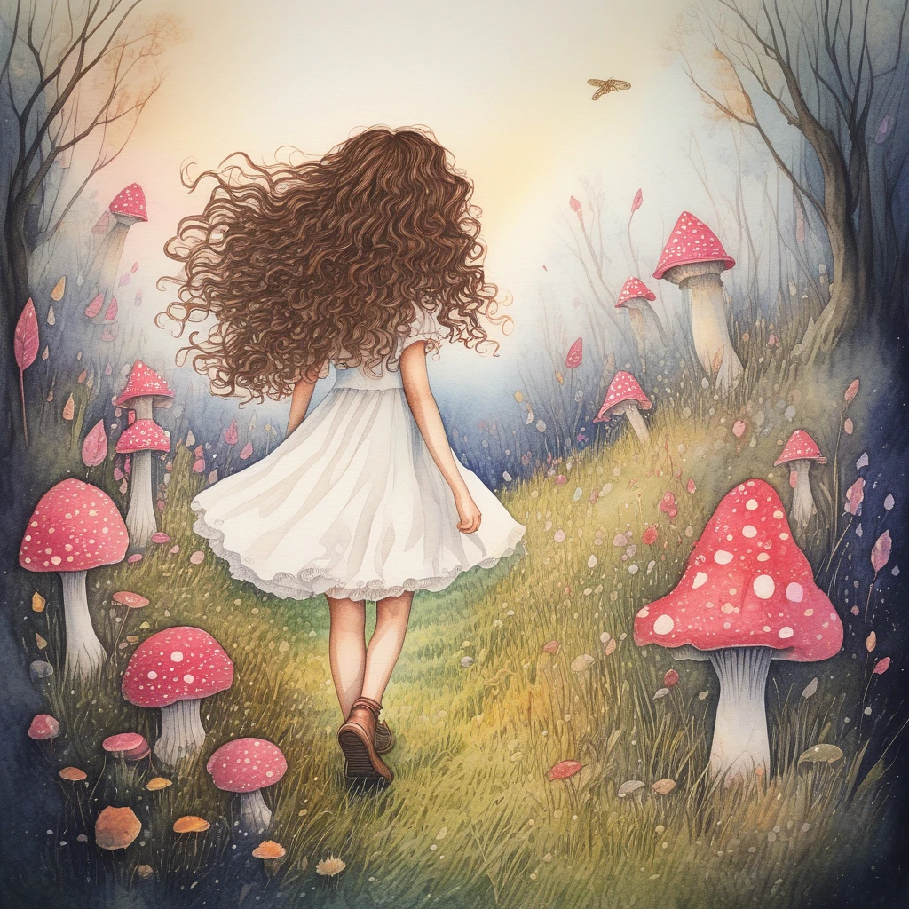 Wildly imaginative watercolor Illustration of a Young girl with long curly brown hair walking through a meadow of magical mushrooms