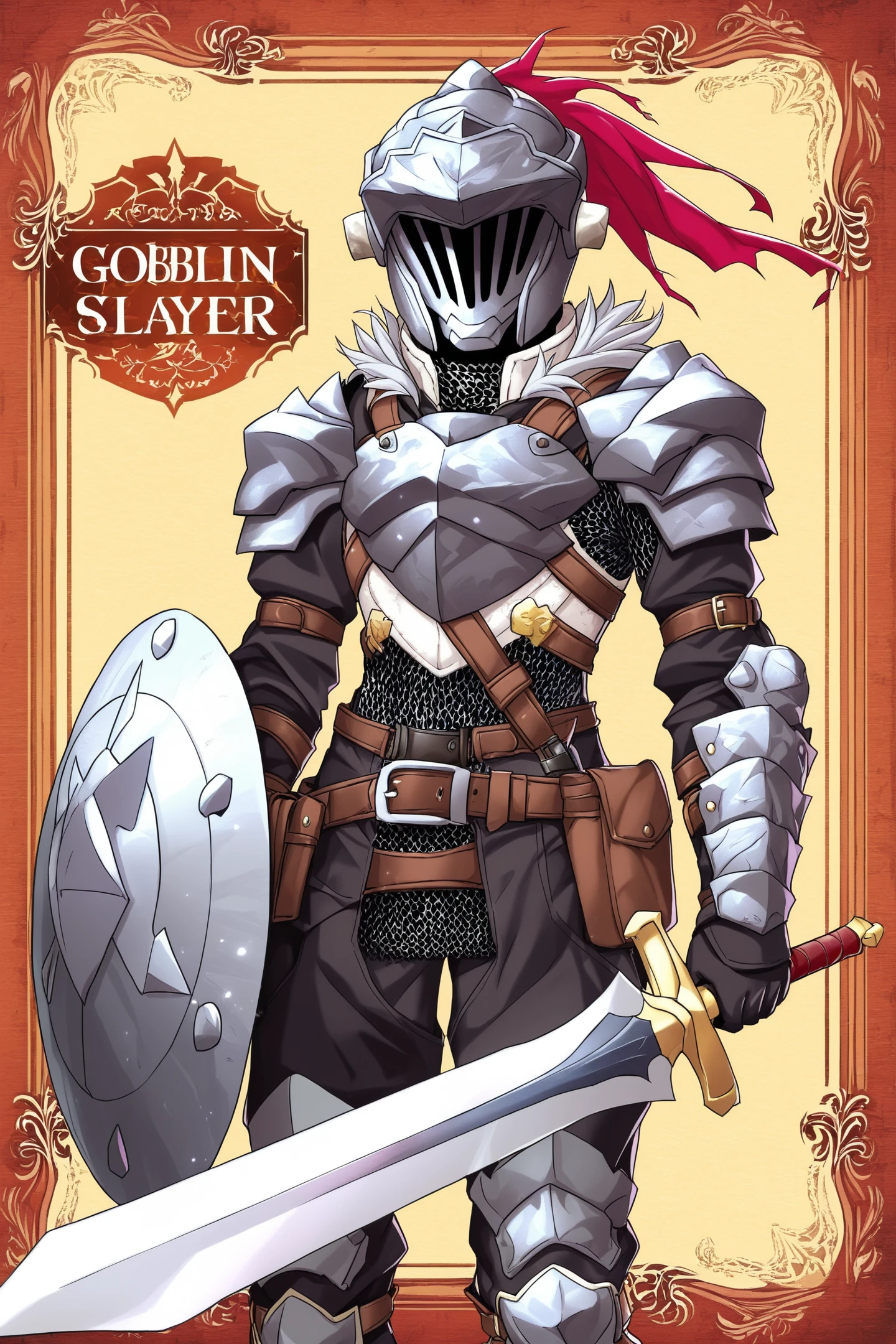 Goblin Slayer,armor,shield,weapon,helmet,sword,solo,plume,holding,holding shield,holding weapon,breastplate,chainmail,full armor,knight,holding sword,visor \(armor\),pouch,belt,
<lora:Kannatsuki Noboru_illustriousXL:0.8>,