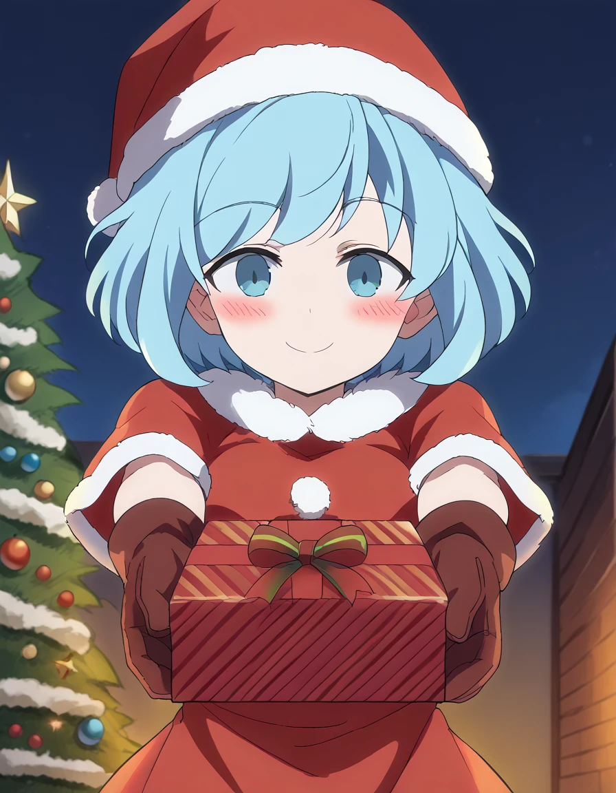 score_9, score_8_up, score_7_up, source_anime, <lora:meru-shirayama-s1-ponyxl-lora-nochekaiser:1>, meru shirayama, short hair, blue eyes, blue hair, medium breasts, anime screencap,, <lora:santa-costume-ponyxl-lora-nochekaiser:1>, santa costume, santa hat, christmas, sack, merry christmas, gift, fur-trimmed headwear, holding sack, santa dress, fur-trimmed dress, christmas tree, christmas tree, fur trim, red capelet, gift box, red gloves, fur-trimmed capelet, santa gloves, red hat, hat,, smile, blush, looking at viewer, <lora:incoming-gift-ponyxl-lora-nochekaiser:1>, incoming gift, outstretched arms, holding, holding gift, gift, gift box,, , dutch angle, cowboy shot