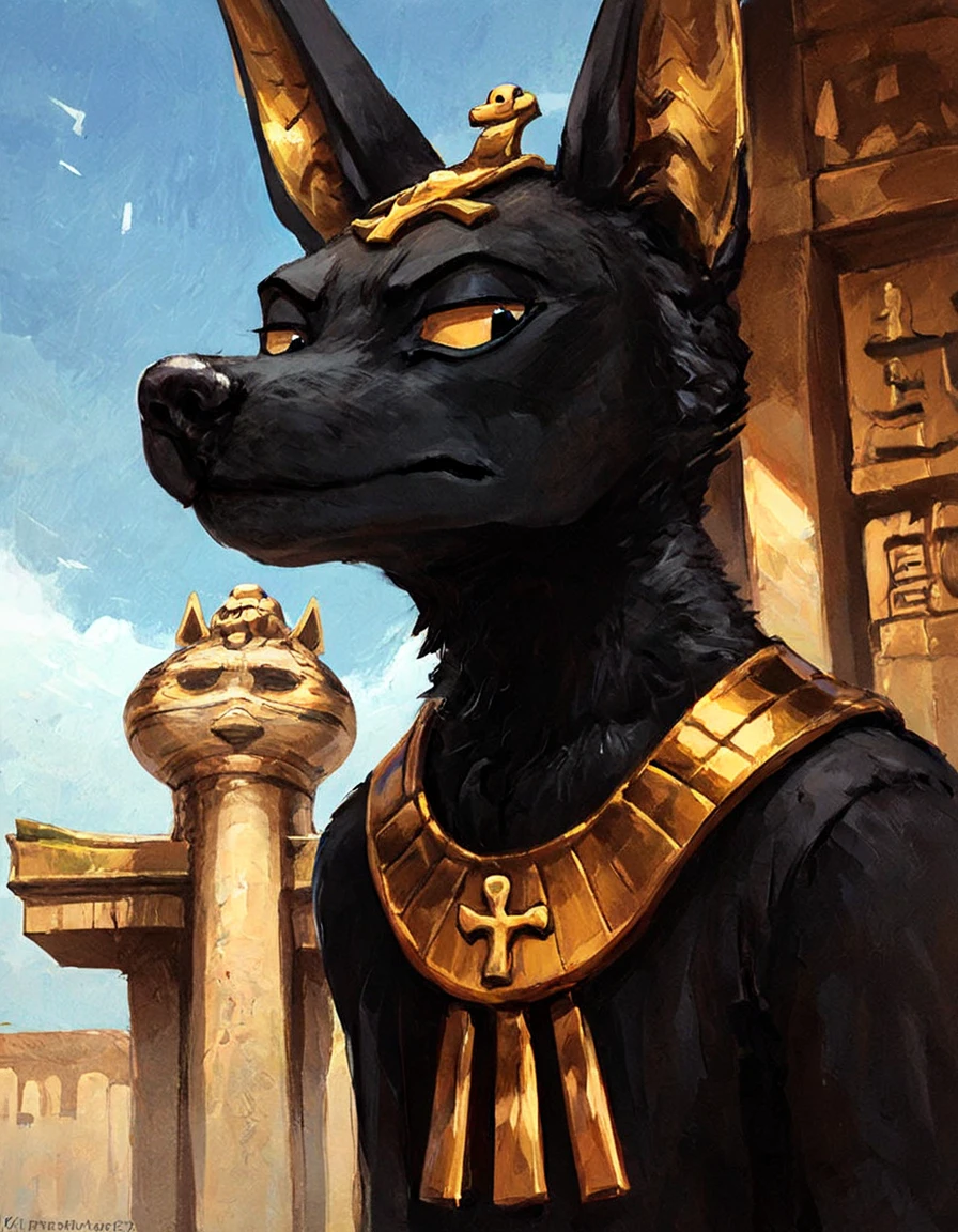 source_furry ,
Anubis dog, black fur, unamused expression, looking down at you, egyptian priest outfit, blue sky, temple,
 <lora:Better_Kenket-000008:0.9>, score_9, score_8_up, score_7_up, score_6_up, score_5_up,