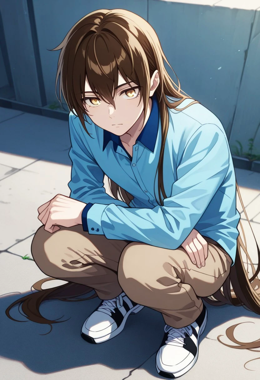 masterpiece, best quality, 
baamtg, 1boy, male focus, solo, yellow eyes, brown hair, very long hair, hair between eyes, shirt, collared shirt, blue shirt, long sleeves, pants, brown pants, shoes, sneakers, squatting
outdoor