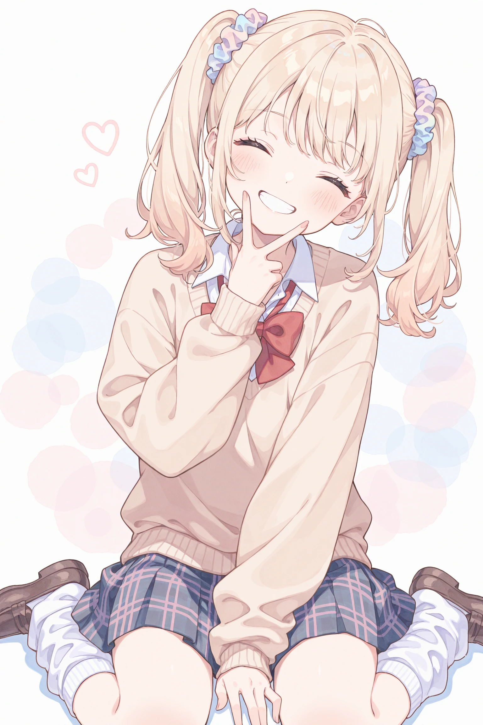 (watercolor:0.4),(pastelcolor:0.4),1girl,pale-blonde hair, closed  eyes smile, (twintails),blush,grin,v near face,Scrunchie,red bowtie,light brown sweater,plaid skirt,loose socks,loafers,head tilt,sitting,(wariza),pastel hues,(white backgroud:1.2),straight-on,looking at viewer