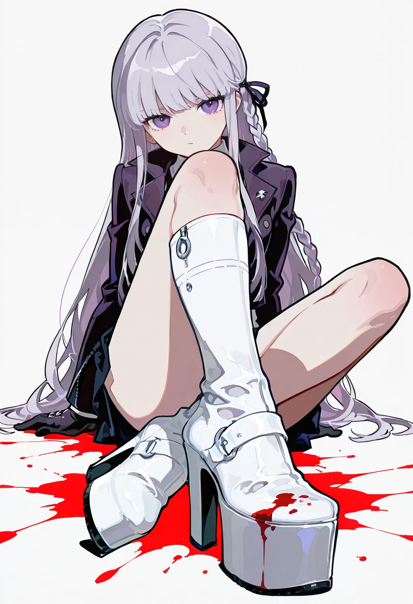 1girl,solo,looking at viewer,ikeda ruriko, sq platform heels, guru,blood on clothes, white footwear, red splatter, kirigiri_kyoko,