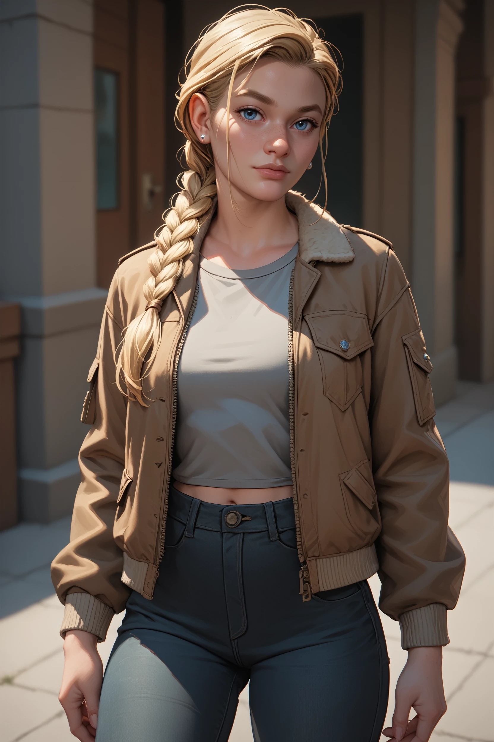 score_9, score_8_up, score_7_up, score_6_up
<lora:TLOU2Abby:0.8>
TLOU2Abby, 1girl, blonde hair, long hair, single braid, blue eyes, looking at viewer, Brown suede bomber jacket, gray crewneck, black jeans