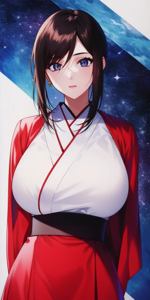 <lora:LinnaYamazakiV4:0.7> linna_yamazaki, huge_breasts, standing, solo, starry_sky, arms_behind_back, japanese_clothes, masterpiece, best_quality, detailed_face, detailed_eyes, highres, beautiful, detailed, absurdres,