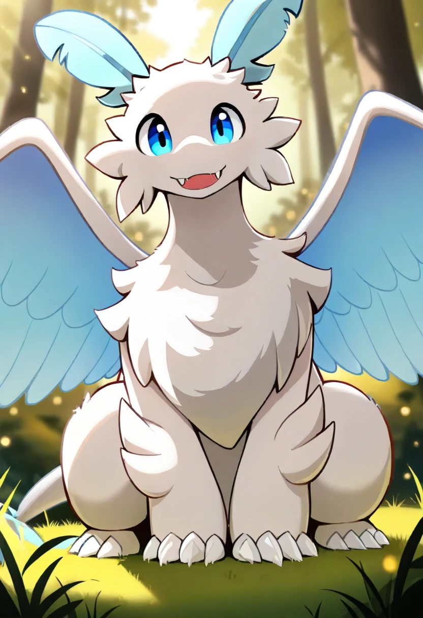(masterpiece),(best quality),(ultra-detailed),very aesthetic,absurdres, newest,scenery, grass, outdoors, forest
<lora:Quivern_Palworld_Illustrious:1> qu1v3rn, white fur, white wings, light blue inner wings, white claws, light blue headfeathers, light blue tailfeather, white tail, long tail, claws, fangs
(looking at viewer:1.4), smile, happy, close up, cowboy shot