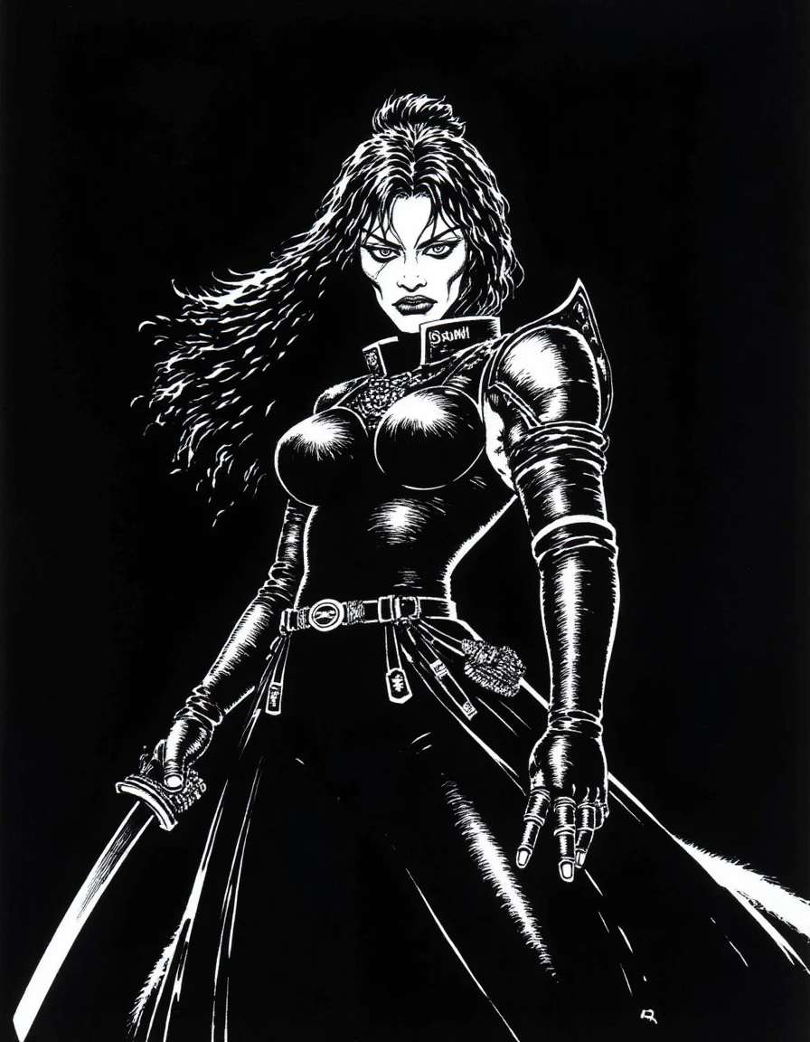 A disncty noir style comic illustration, stark black-and-white contrast, A female warrior stands poised with a katana, exuding confidence and strength. She is dressed in intricate armor, featuring a blend of dark materials with ornate detailing, showcasing both protection and elegance. Her long, dark hair flows past her shoulders, framing her determined expression and accentuating her striking facial features. The background is dark, which emphasizes her presence and the glint of the sword as she prepares for action.,<lora:sin-city_v20-000120:1>