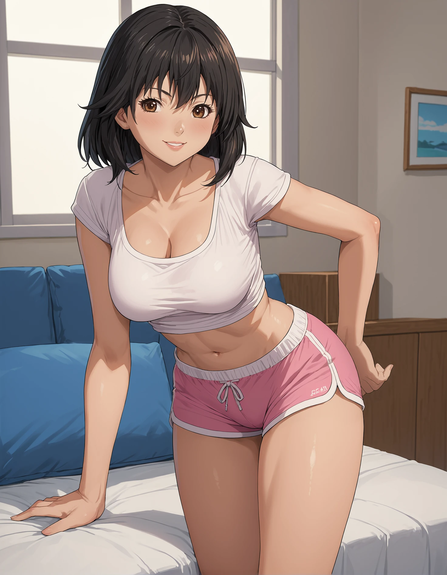 score_9, score_8_up, source_anime, 1girl, upper body, medium shot, detailed, misakiyamamoto, brown eyes, black hair, white sport top, pink sport shorts, leaning forward, light smile, indoors, room, (side view:0.6), <lora:misakiyamamoto_XL:0.8>