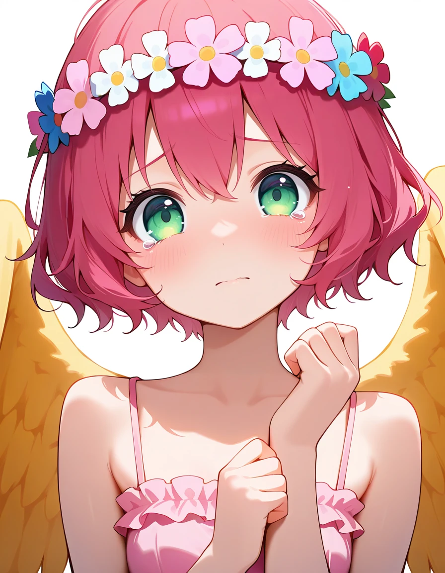 <lora:Pharpy_SDXL_Illustrious01_fp16_ver01:1>,Pharpy,1girl,green eyes, pink hair, short hair,head wreath,pink dress,bare shoulders,yellow wings,barefoot,tearing up,portrait, <lora:HairintakesEraser_v01_illustrious_10steps:2>, masterpiece, best quality, very aesthetic, absurdres,<lora:detailed_hands:1>,hand