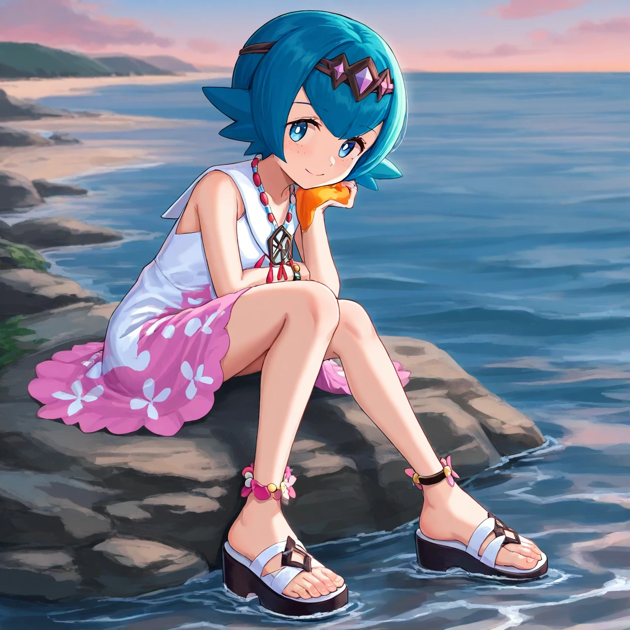 (hinosaki, miazi:0.4), (kutabireta_neko, kesoshirou, leveen:0.6), (1girl), solo, sitting, on rock, sea, feet_in_water, smile, [lana_\(pokemon\)], short_hair, blue_hair, hairband, sleeveless_dress, white_dress, [pink_dress] bracelet, jewelry, necklace, anklets, sandals, toes, official_alternate_costume, , masterpiece,amazing quality, very aesthetic, high resolution ,ultra-detailed, absurdres, newest,syglana