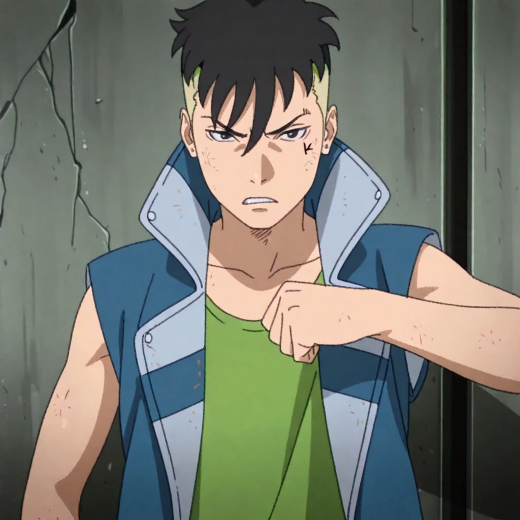 best quality, masterpiece, break, solo, 1boy, kawaki_bng, black hair, tone-tone hair, black eyes, jacket, sleeveless, shirt, upper body focus, scowl,