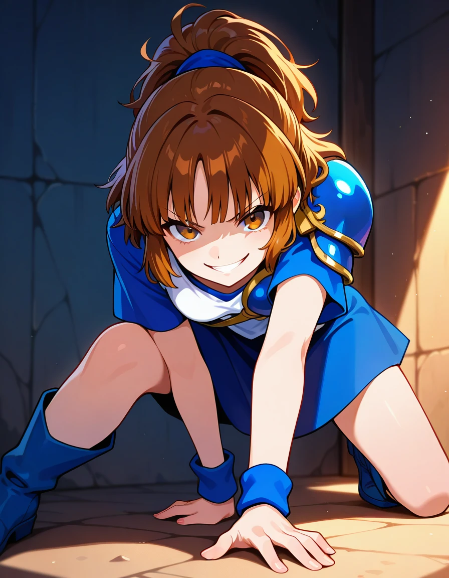 <lora:Puyoarle_SDXL_Illustrious01_fp16_ver04:1>,arleP123, 1girl,brown hair,bangs,short hair,hair updo, brown eyes,blue skirt, blue boots,blue wristband,short sleeve,shirt,shoulder armor,evil smile, masterpiece, best quality, very aesthetic, absurdres,<lora:detailed_hands:1>,hand