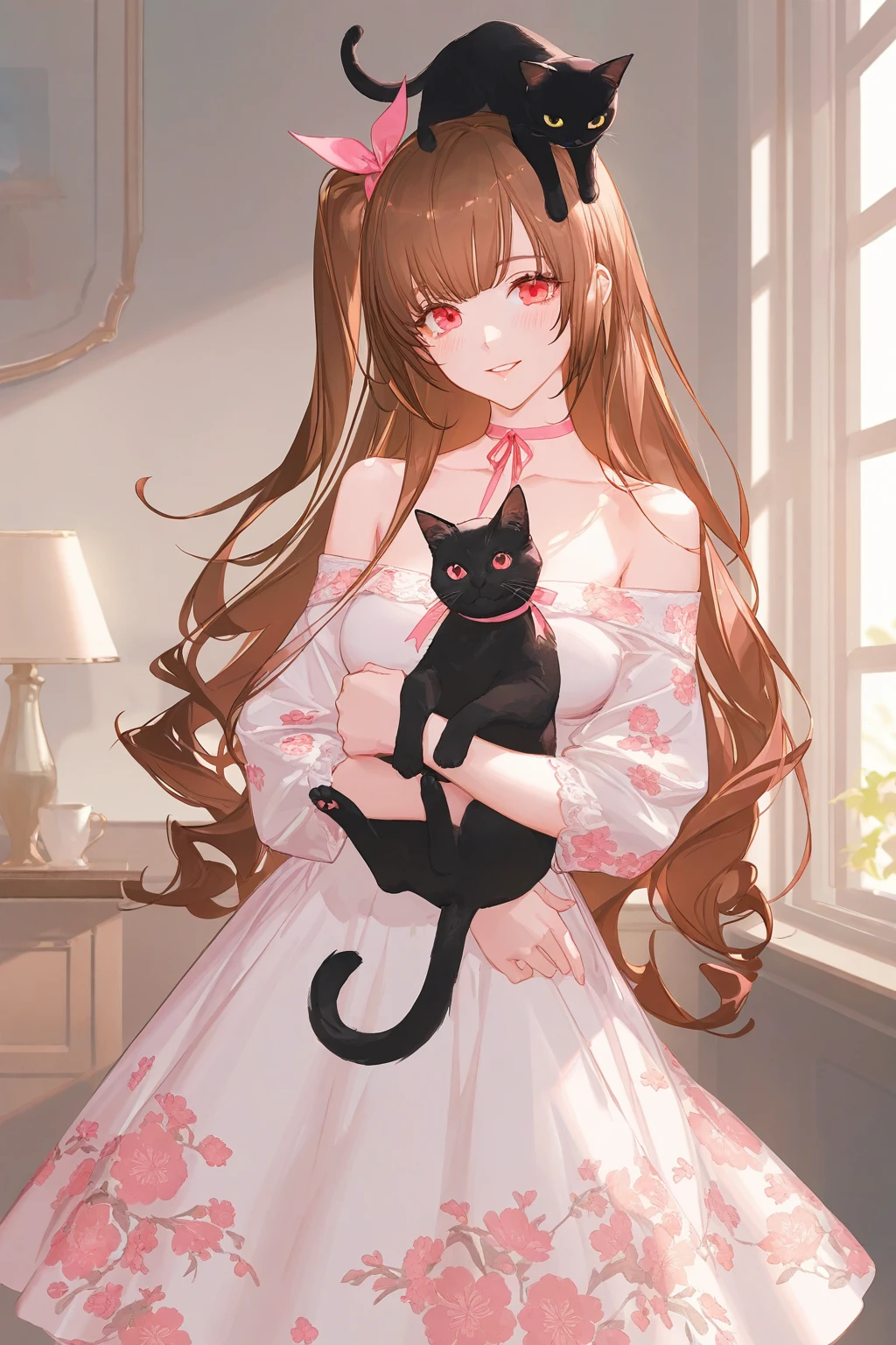 artist:ask_(askzy),artist:yolanda,[artist:WANKE],artist:ciloranko BREAK Simple Flat Coloring,shiny skin,very aesthetic,high definition,masterpiece,illustration,best quality, -1girl, cat, animal, brown hair, solo, long hair, holding, dress, collarbone, looking at viewer, bare shoulders, bangs, red eyes, smile, choker, holding animal, blush, ribbon, breasts, signature, black cat, hair ribbon, one side up, holding cat, long sleeves, animal on head, parted lips, on head, cat on head, window, floral print, indoors, white dress, pink ribbon, off shoulder