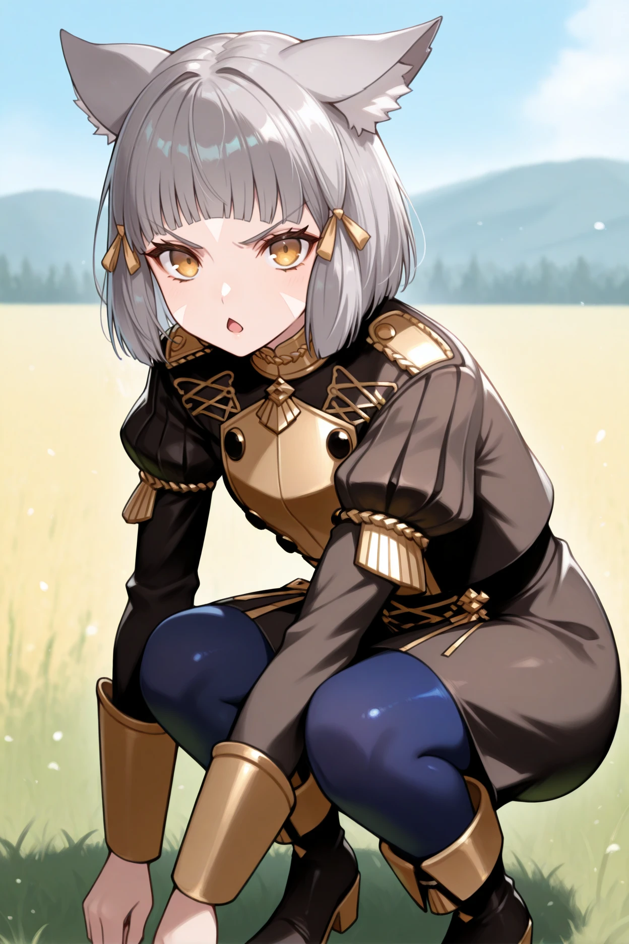 masterpiece, best quality, 1girl, solo, <lora:gmuniform1-illu-nvwls-v1:1> gmuniform1, black jacket, gold trim, puffy sleeves, black buttons, black skirt, blue pantyhose,  <lora:nia-illu-nvwls-v1_1:0.9> xc2N1a, cat ears, grey hair, short hair, blunt bangs, facial mark, hair ribbon, squatting, black boots, looking at viewer, chestnut mouth, field, annoyed