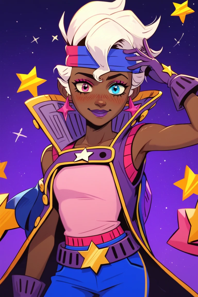 Score_9, Score_8_up, Score_7_up,ammaisie, 1 girl , dark_skin_female , heterochromia, purple lips , makeup, white hair , headband, pink top ,tanktop ,purple vest , long coat  ,belt , blue pants   , sleeveless coat , purple gloves ,star_(symbol)  , smile , blush