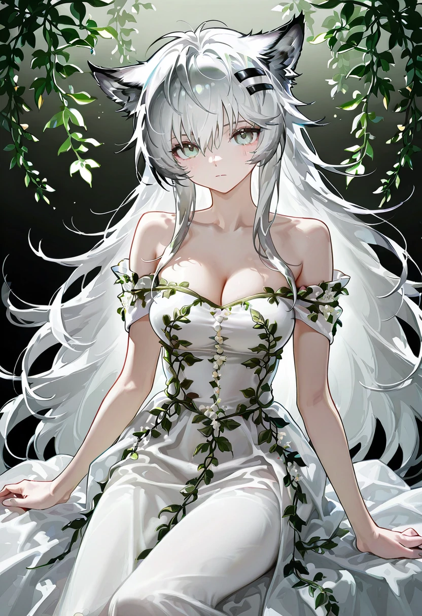 1girl,solo,looking at viewer,ikeda ruriko, vine dress, white dress, bare shoulders, off-shoulder dress, lappland_(arknights)