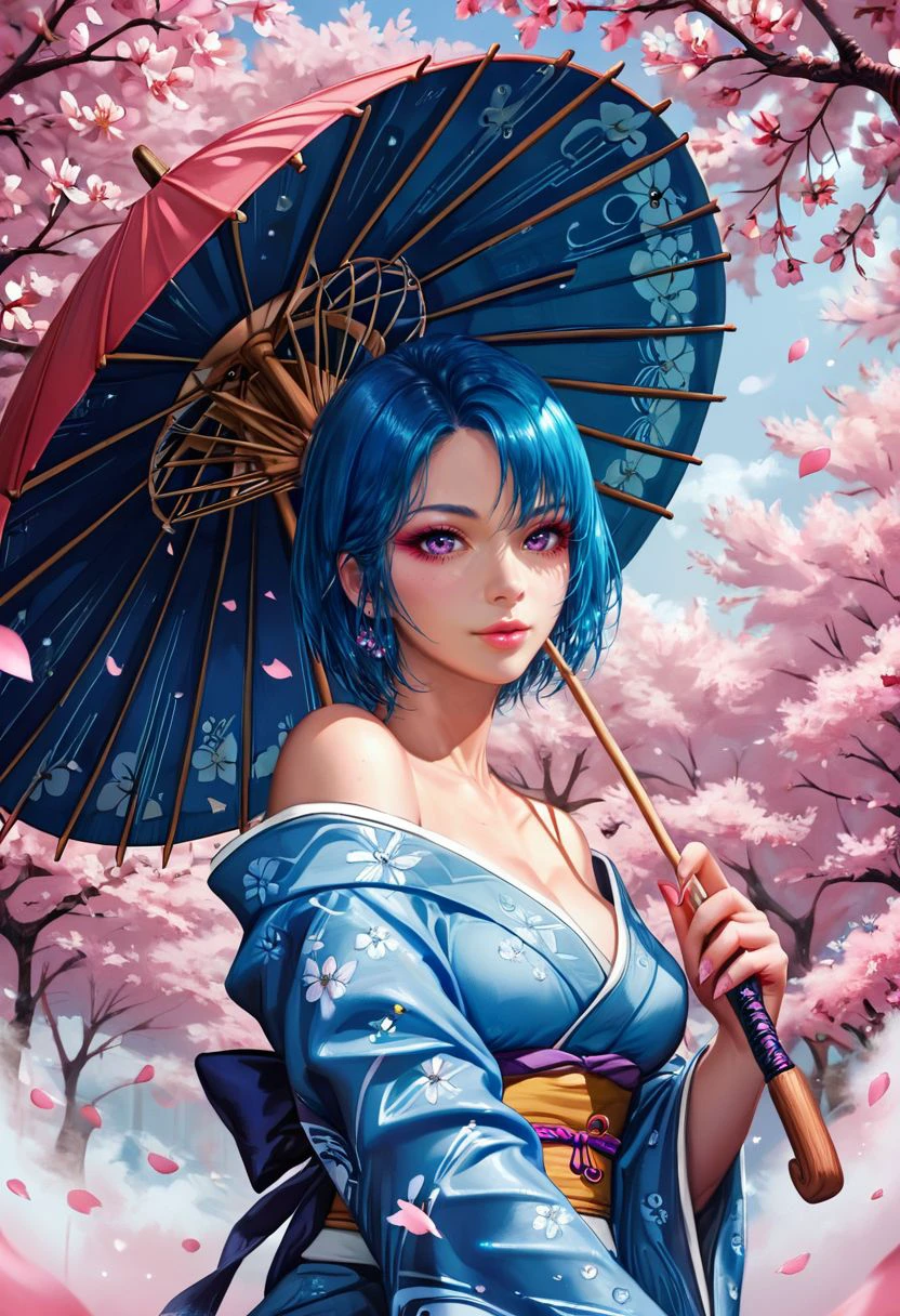 kyuyongeom, Smooth Quality - Pony, 1girl, mature female, beautiful eyes, big eyes, detailed eyes, detailed pupils, perfect body, sexy, geisha, kimono, blue hair, short hair, holding umbrella, cherry blossom, bare shoulder, looking at viewer, petals falling, <lora:Kyu_Yong_Eom_Style_-_Pony:0.6>